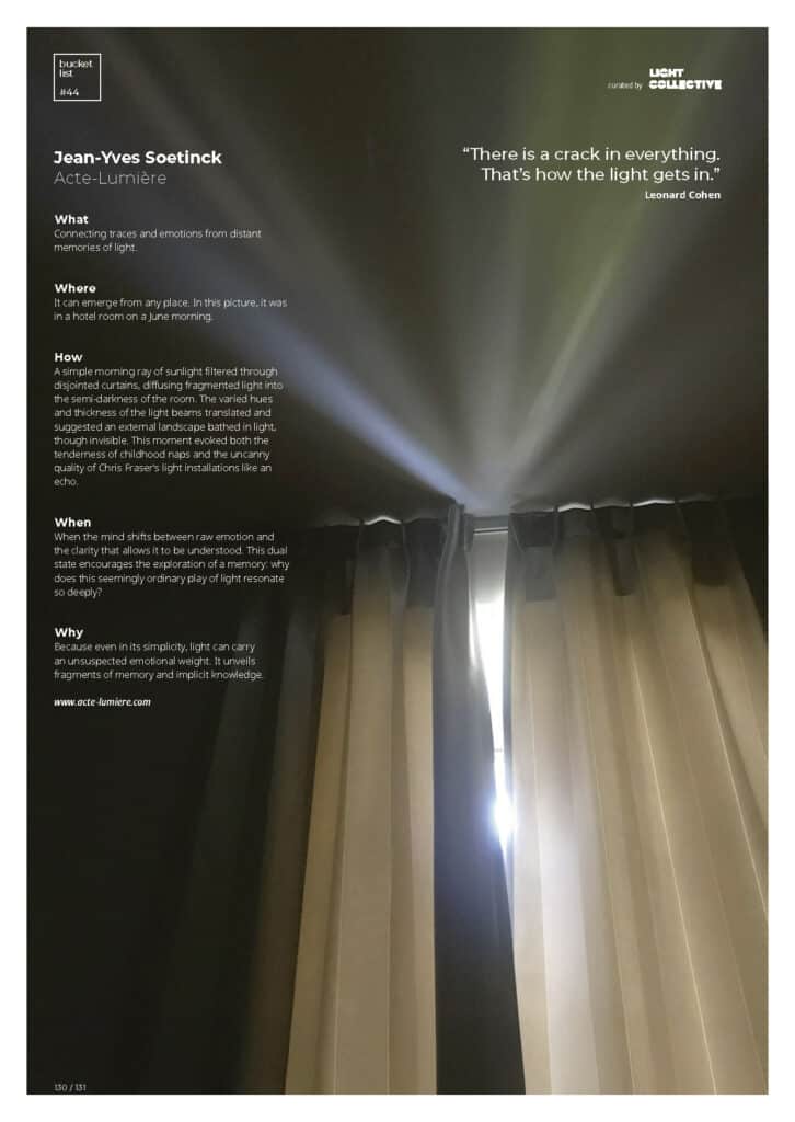 Page BucketList #44 d'arc magazine présentant Jean-Yves Soetinck, Acte Lumière, concepteur lumière