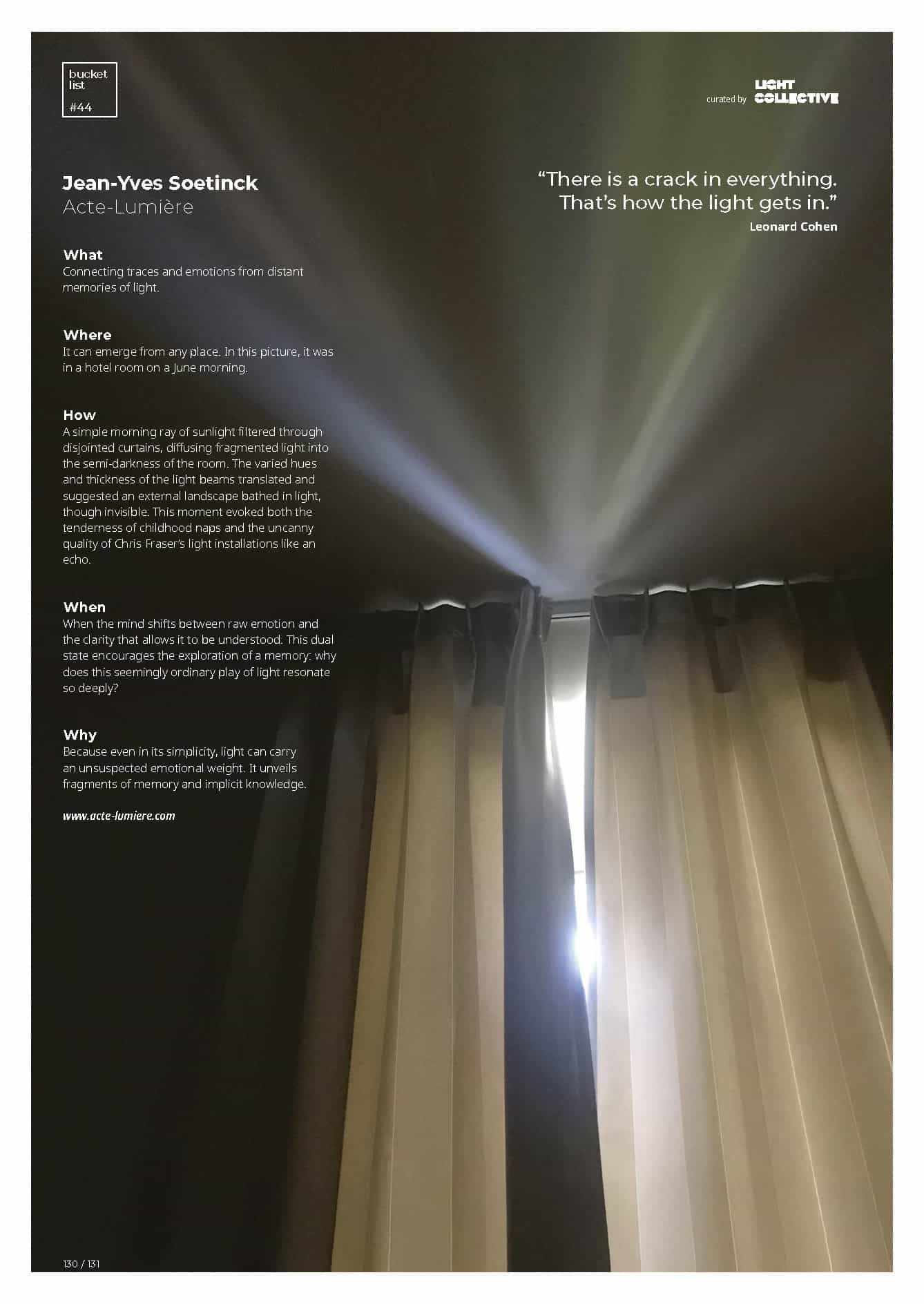 Page BucketList #44 d'arc magazine présentant Jean-Yves Soetinck, Acte Lumière, concepteur lumière