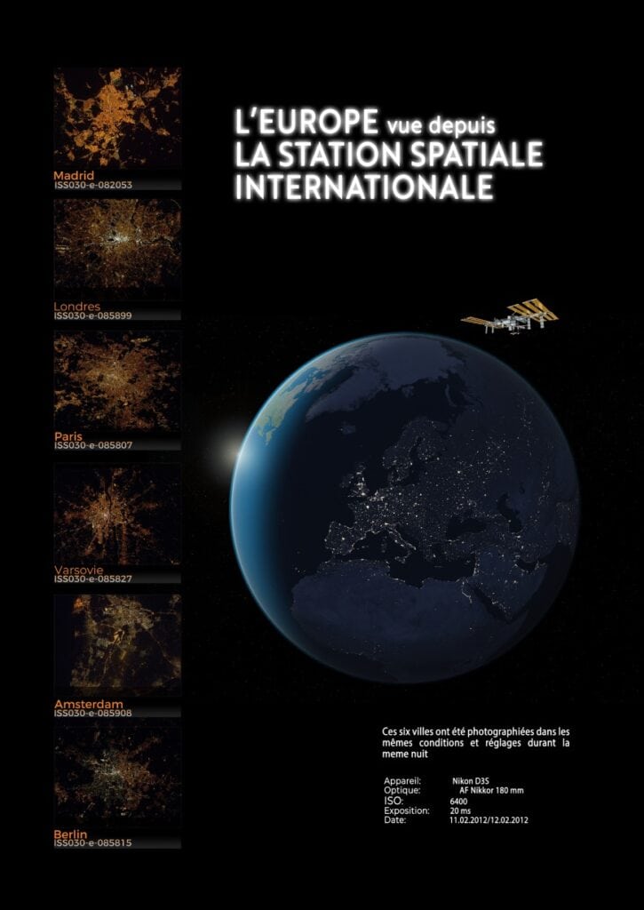 Six capitales européennes photographiées depuis la Station spatiale internationale la même nuit dans le cadre du projet Cities at Night sur la pollution lumineuse