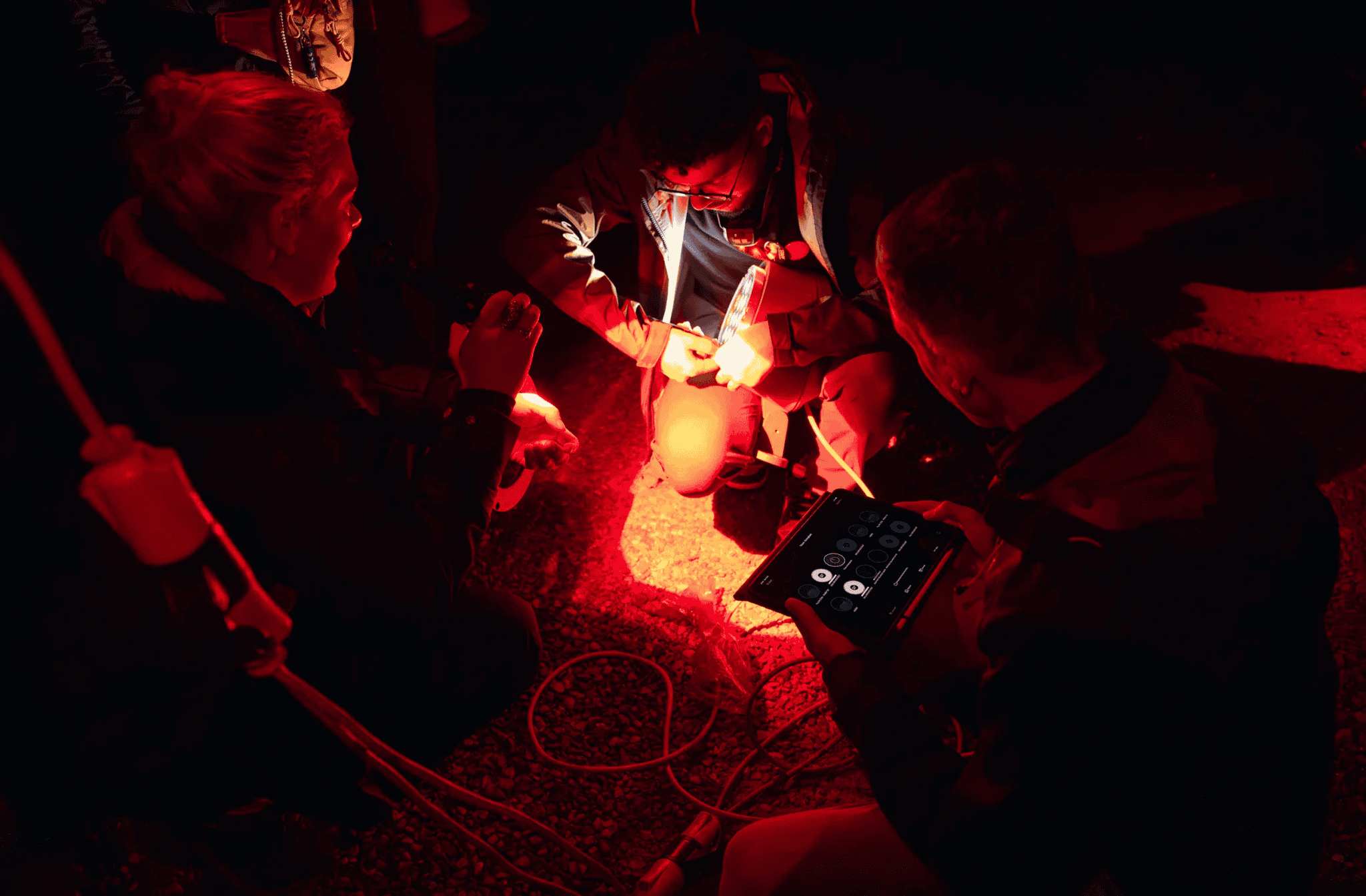Concepteurs lumière réglant un projecteur via tablette Casambi de nuit, workshop Going Dark 2024
