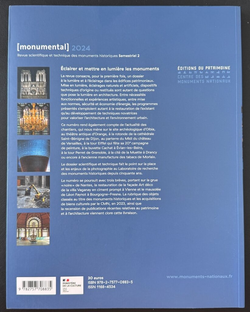 Quatrième de couverture de Monumental 2024-2 présentant le sommaire du dossier consacré à l'éclairage du patrimoine.