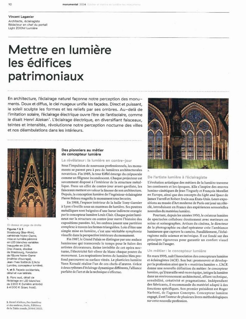 Extrait article Mettre en lumière les édifices patrimoniaux par Vincent Laganier, page d'ouverture, illustré par la Cathédrale de Strasbourg, conception L'Acte Lumière.